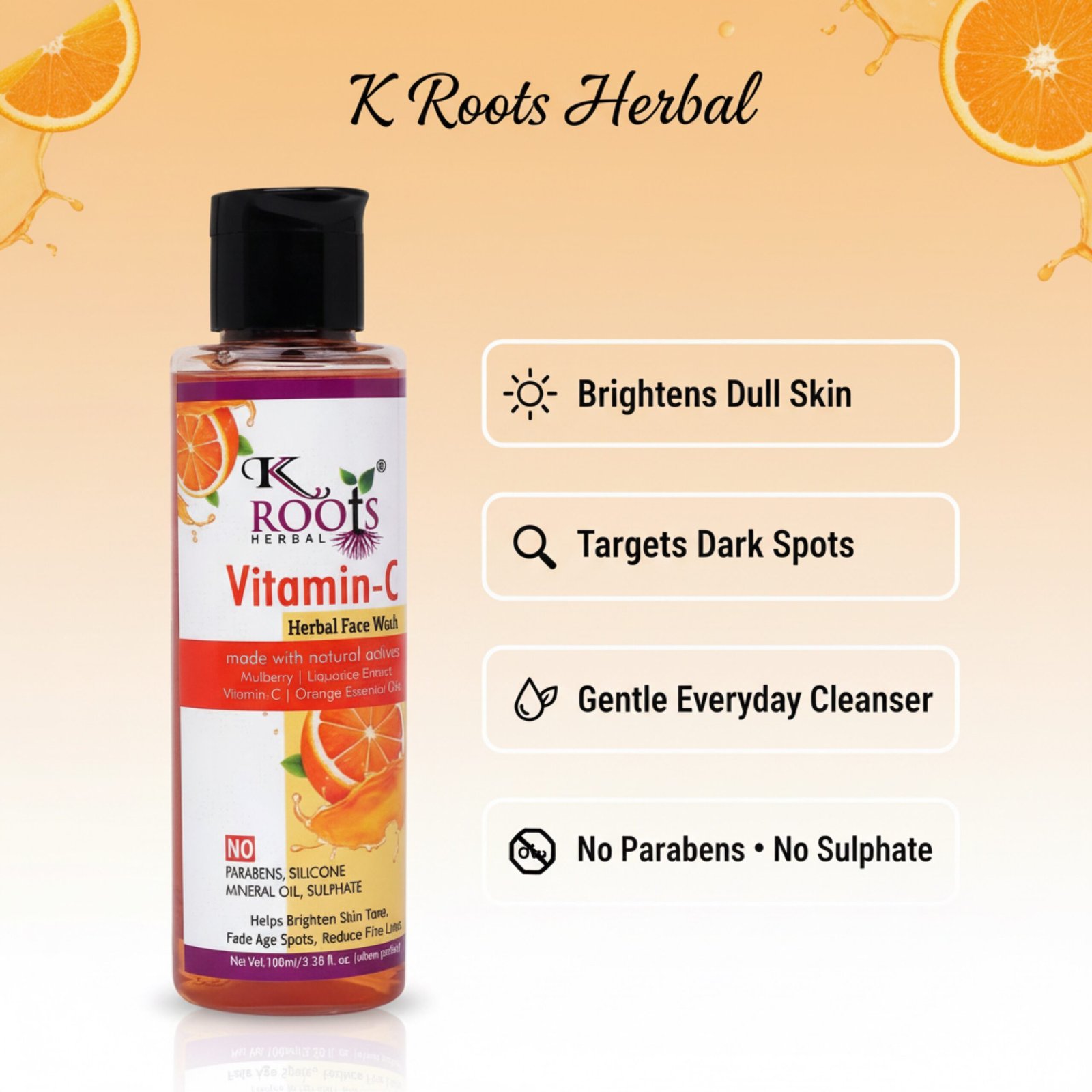 Vitamin C Face Wash for Glowing Skin, Skin Brightening & Dark Spot Removal, Herbal Face Cleanser with Orange & Mulberry Extract, Paraben Free Daily Face Wash for Men & Women (100ml) - Image 4