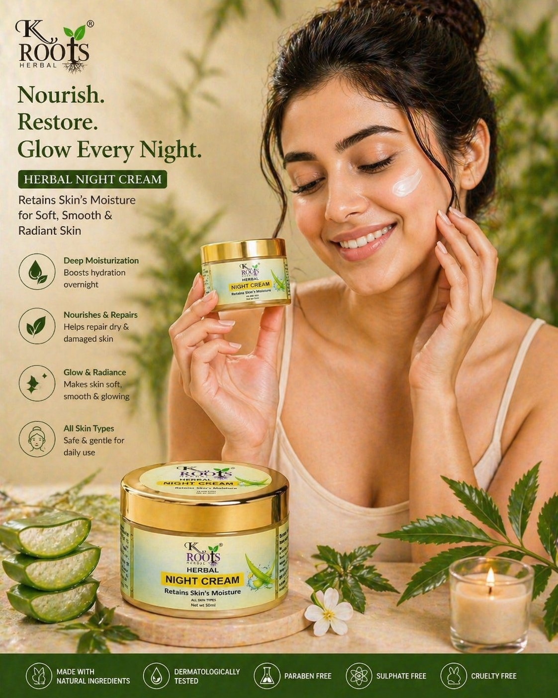 Kroots Night Cream – Moisturizing & Skin Nourishing Cream for All Skin Types (50 ml) - Image 3