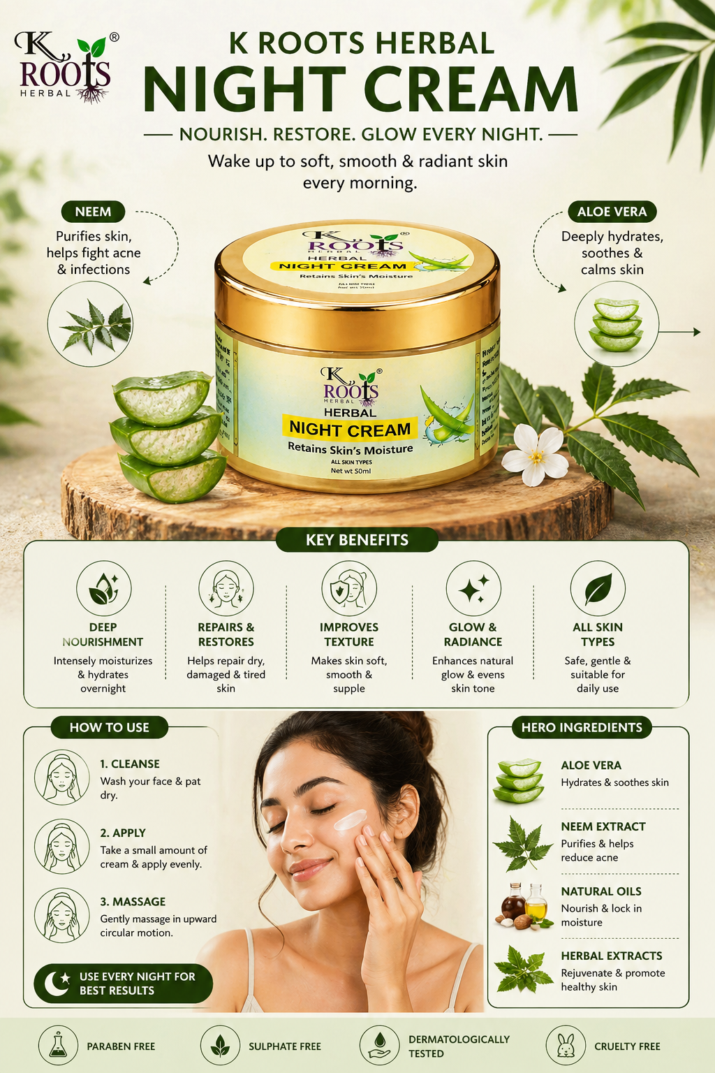 Kroots Night Cream – Moisturizing & Skin Nourishing Cream for All Skin Types (50 ml) - Image 2