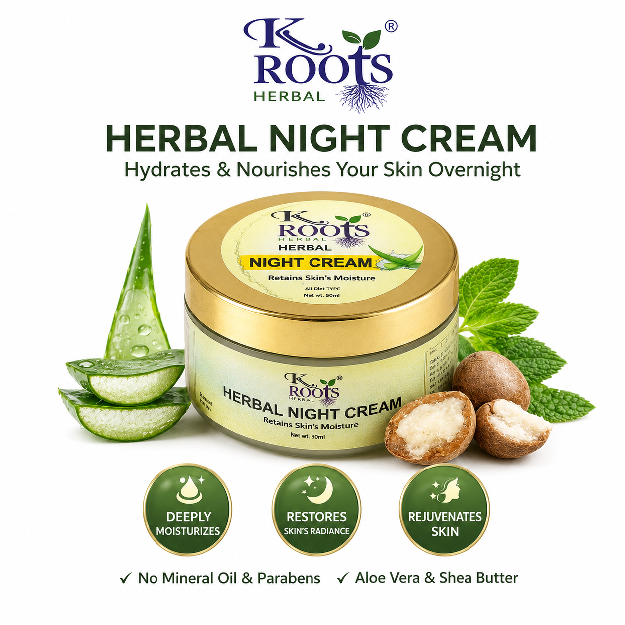 K Roots Herbal Night Cream | Overnight Skin Repair & Deep Moisturizing Cream | Aloe Vera & Shea Butter | All Skin Types | 50ml