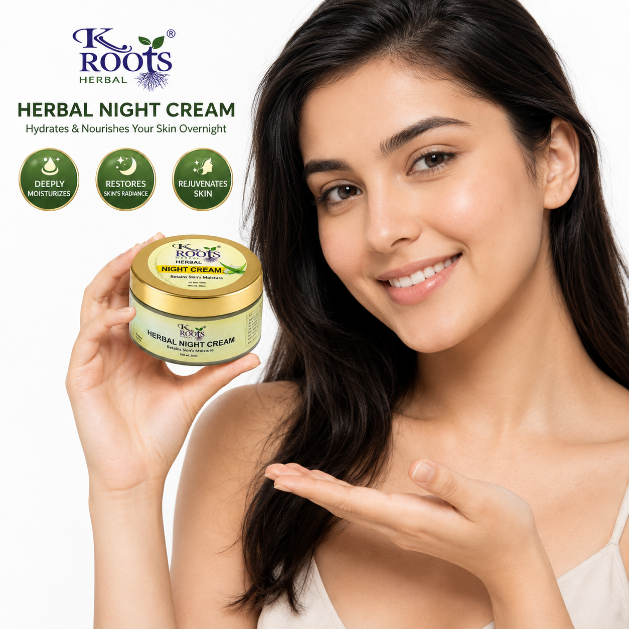 K Roots Herbal Night Cream | Overnight Skin Repair & Deep Moisturizing Cream | Aloe Vera & Shea Butter | All Skin Types | 50ml - Image 2
