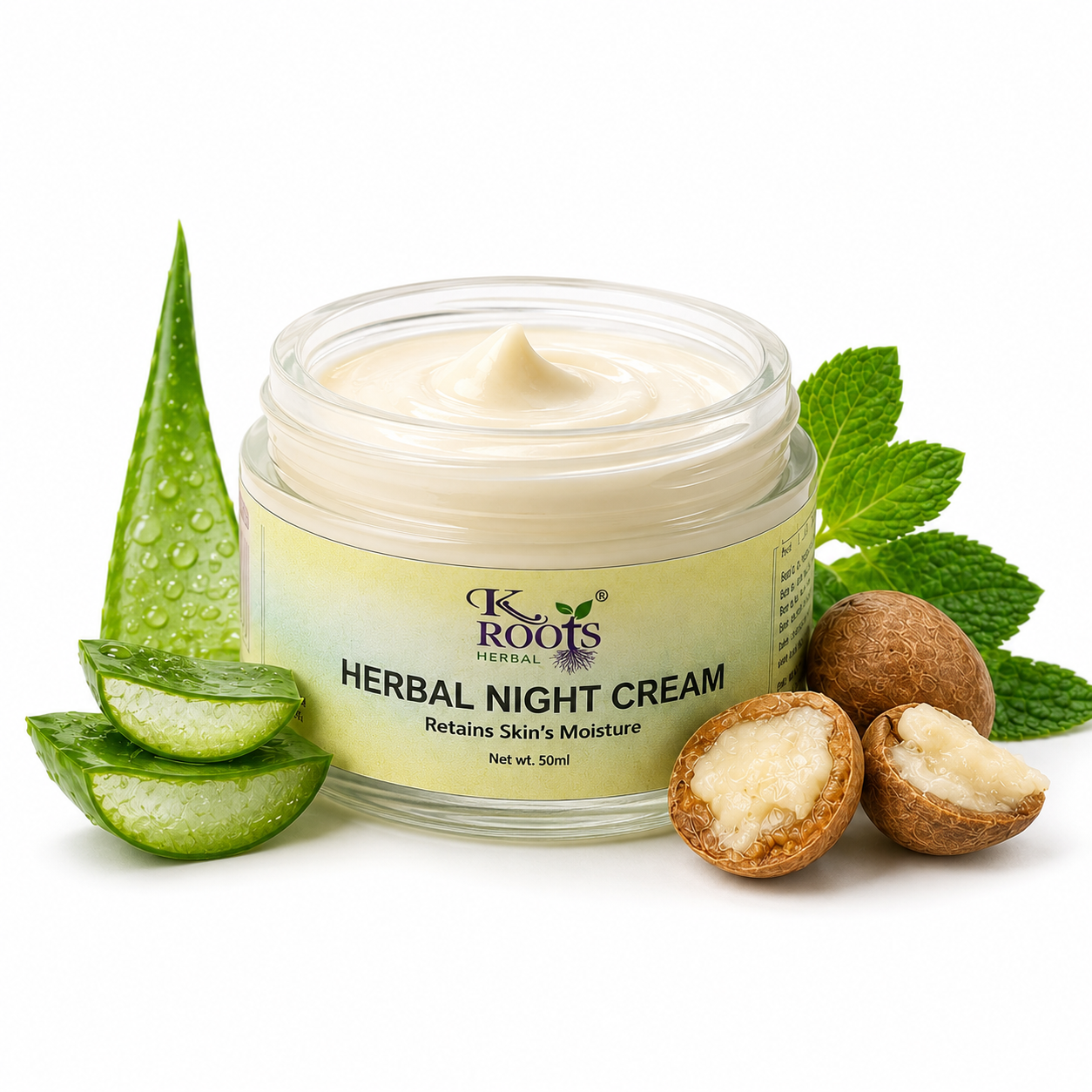 K Roots Herbal Night Cream | Overnight Skin Repair & Deep Moisturizing Cream | Aloe Vera & Shea Butter | All Skin Types | 50ml - Image 3