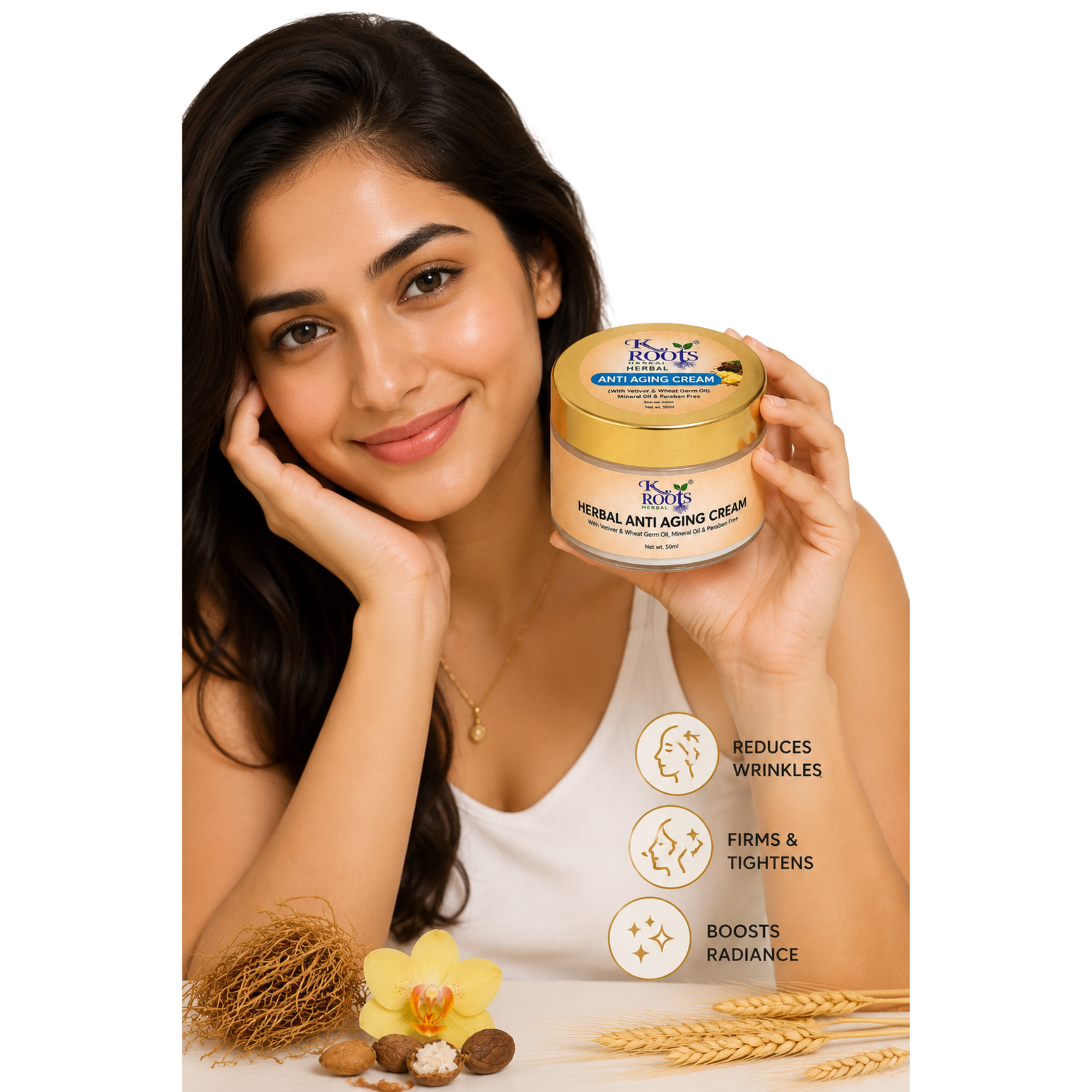 K Roots Herbal Anti Aging Cream with Vetiver & Wheat Germ Oil | Mineral Oil & Paraben Free Face Cream | 50ml - Image 2